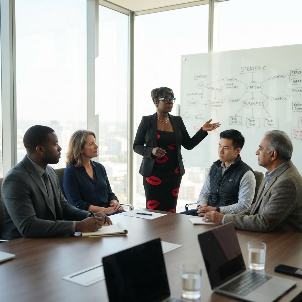 Olivia L. Brewer presenting to a diverse group of stakeholders in a bright boardroom