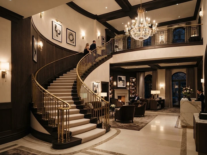 Elegant curved staircase in a luxury boutique hotel lobby