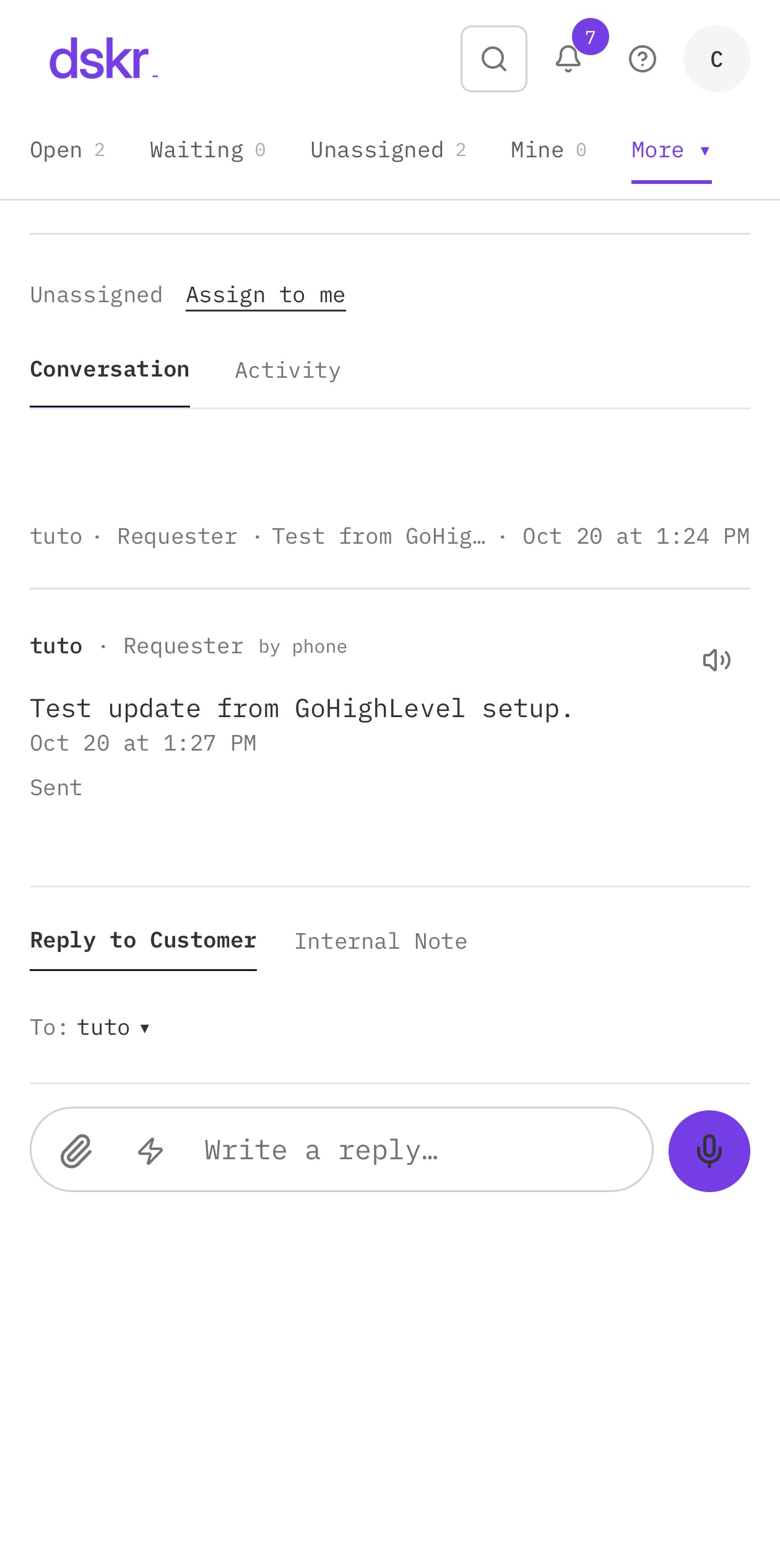 Ticket with voice note and transcript in dskr.ai