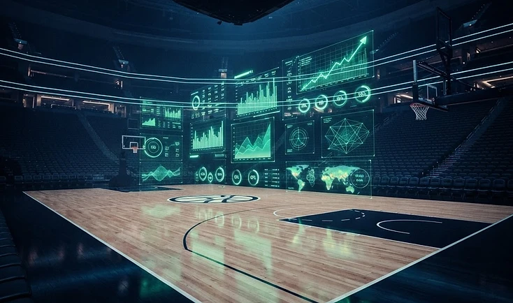 NBA analytics arena with floating stat visualizations
