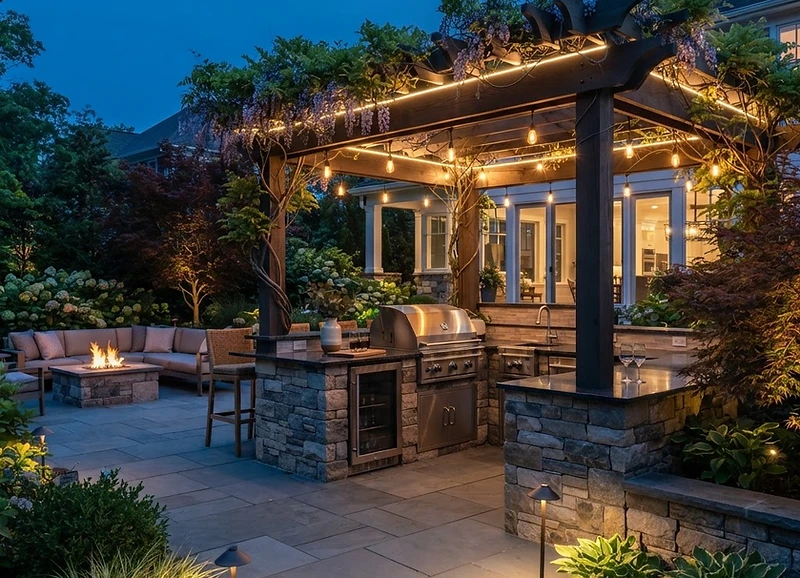 Outdoor living space at dusk