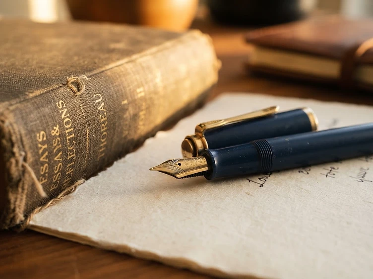 Fountain pen on paper beside a book