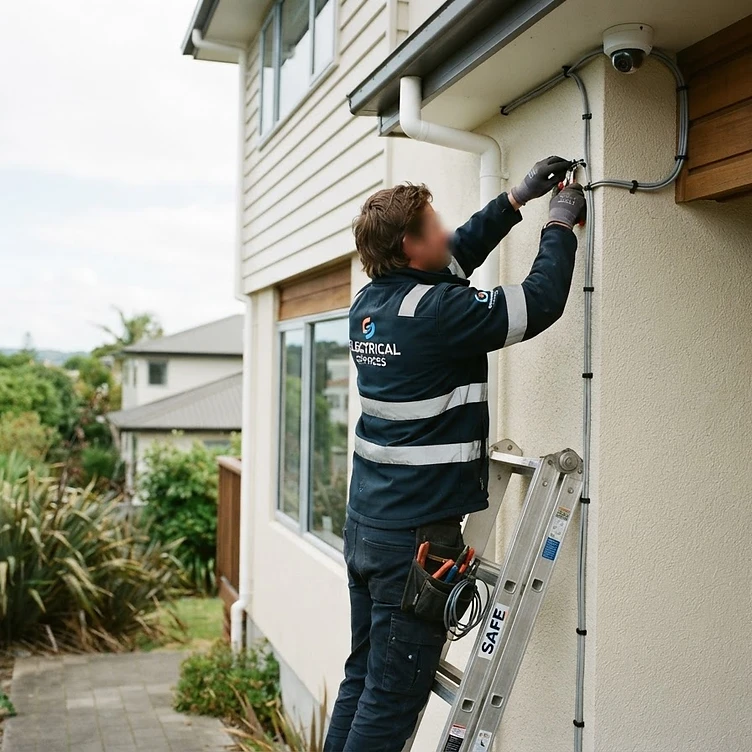 2E Electrical electrician installing CCTV cabling neatly on a Hamilton property