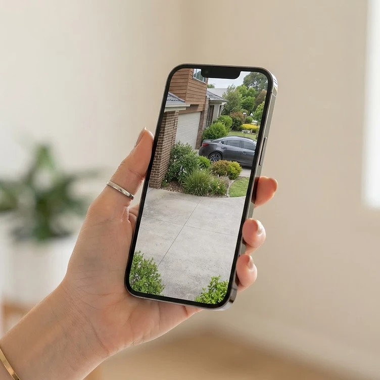 Smartphone displaying live CCTV camera feeds with remote viewing