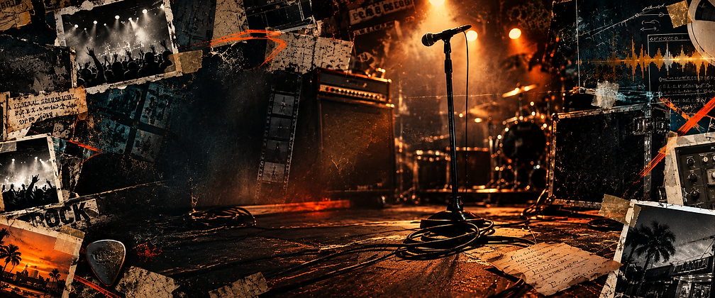A cinematic collage of an empty rock-club stage, archival concert photographs, Florida imagery and analog recording references layered together