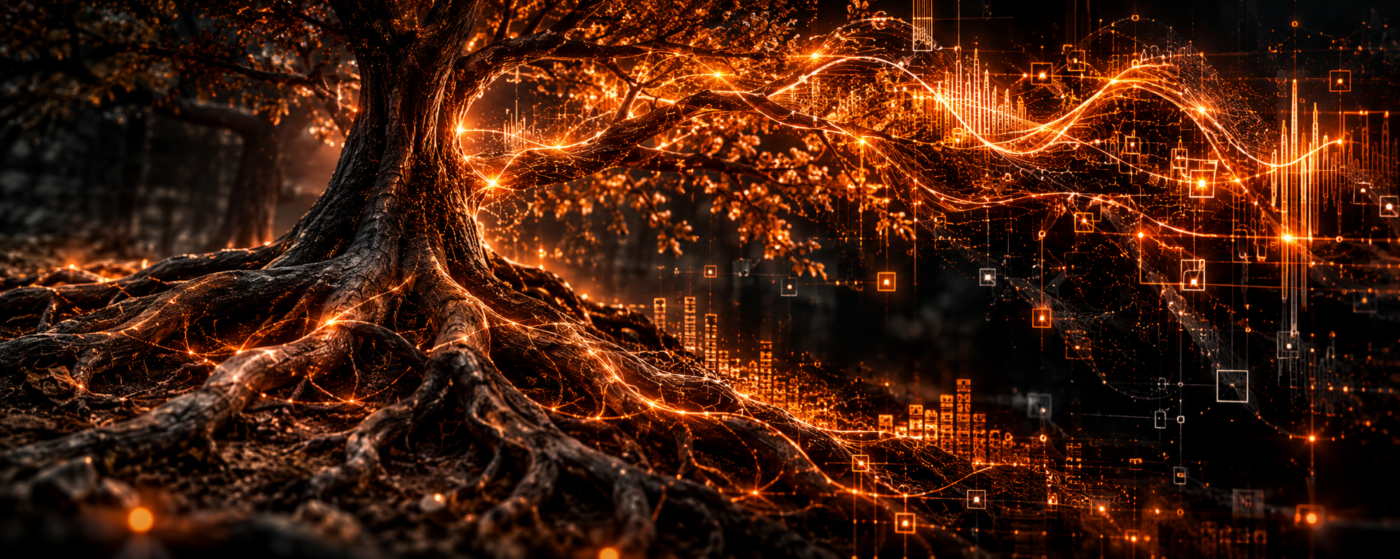 Tree roots growing into glowing orange technological audio structures
