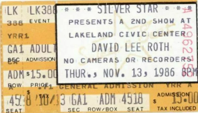 David Lee Roth concert ticket — Thursday, November 13, 1986 at the Lakeland Civic Center, general admission, no cameras or recorders