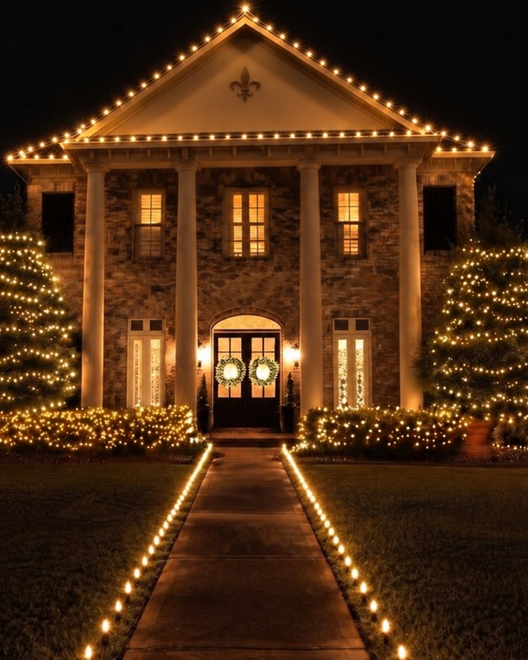 Colonial home illuminated with warm-white Christmas lighting