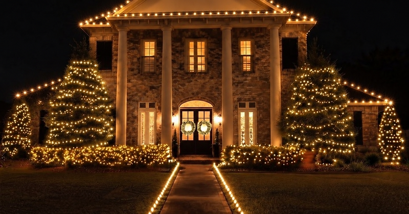 Colonial home illuminated with warm-white Christmas lighting