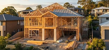 Illustrative Australian residential timber home frame — AI-generated, not a Mair project