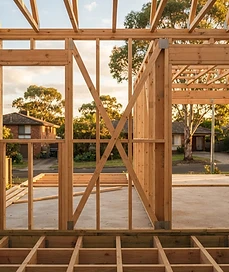 Illustrative Australian timber wall frame with studs, bracing and openings — AI-generated, not a Mair project