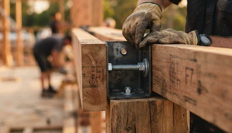 Illustrative structural timber beam connection — AI-generated, not a Mair project