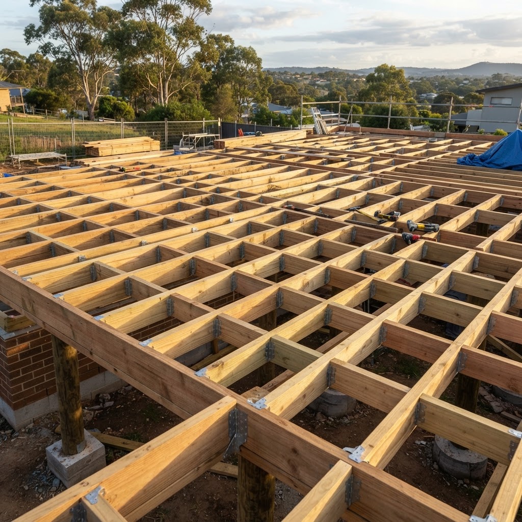 Illustrative timber floor joists and bearers — AI-generated, not a Mair project