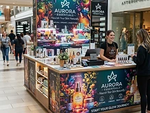 Close-up of a mall kiosk with detailed vinyl graphics applied to the counter and back panels with colorful printed branding