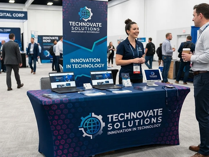 Custom printed branded tablecloth on a display table at a trade show event