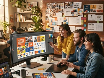 Creative team designing social media ad graphics