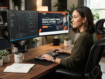 Web designer working on a custom website homepage at dual monitors