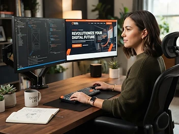 Web designer working on a custom website homepage at dual monitors