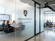 Frosted and printed vinyl window graphics covering floor-to-ceiling office glass partitions with branded design
