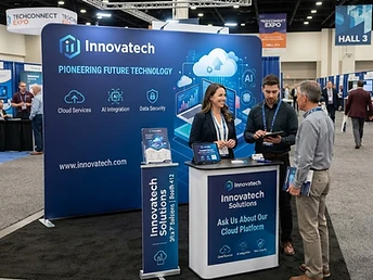 Trade show display with retractable back wall, branded podium, and printed display items