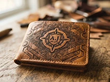 Laser engraving on leather wallet
