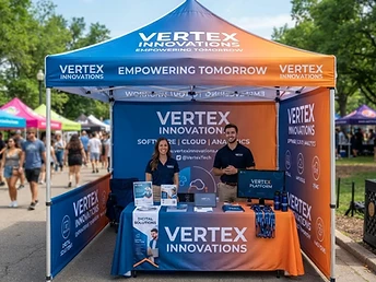 Custom printed event canopy tent with branded walls and full-color company logo