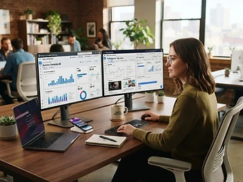 Social media marketer managing ad campaigns on multiple platforms