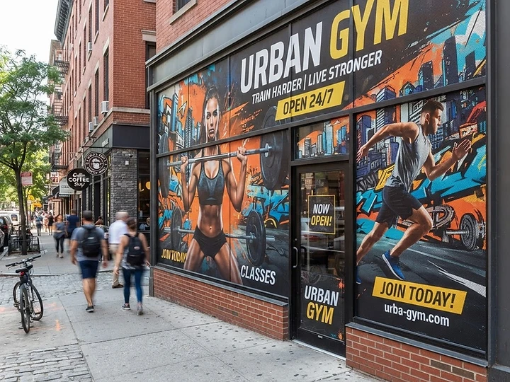 Full window vinyl wrap covering an entire storefront glass window with vibrant full-color printed graphics