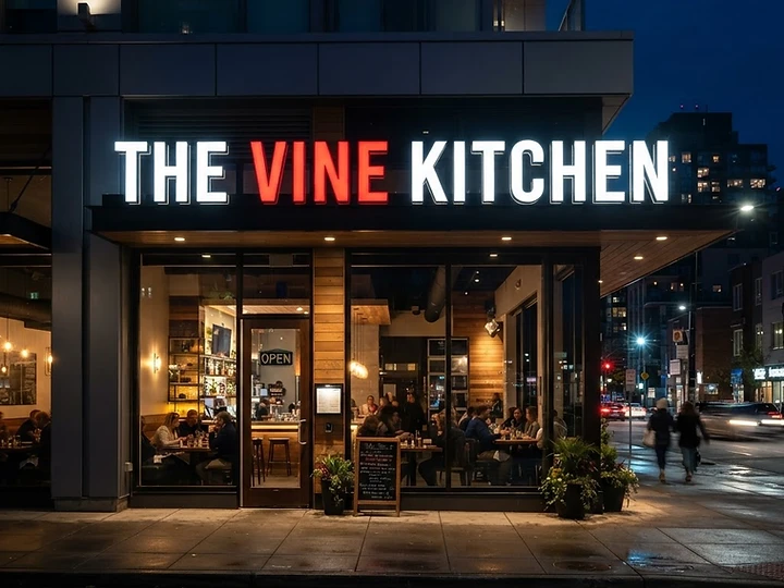 Front-lit channel letter sign on a modern storefront at night
