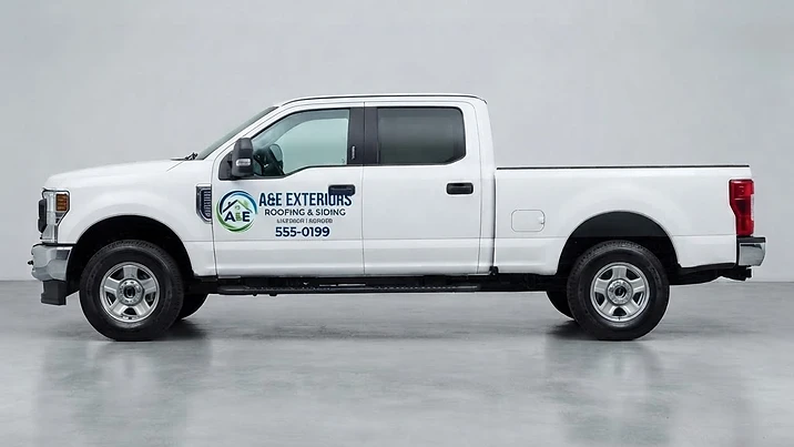 White pickup truck with a small vinyl door decal on the front door only