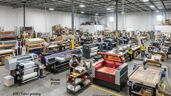 My Print Bar warehouse interior with T-shirt, flatbed, sublimation, laser and CNC equipment