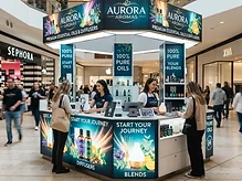 Custom vinyl-wrapped mall kiosk in a busy shopping center with full-color printed graphics and bold branding