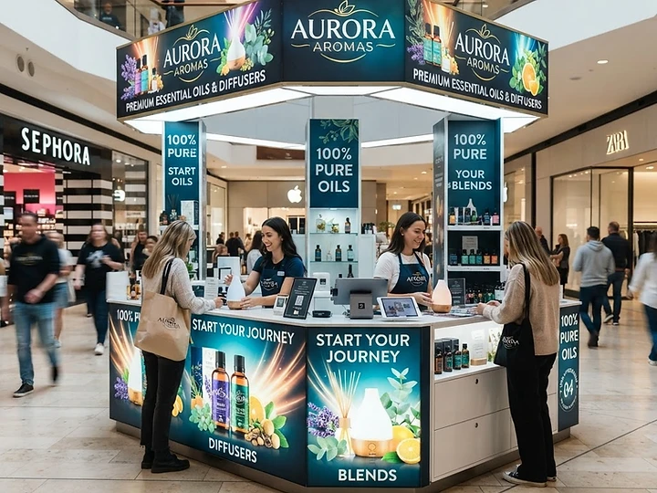 Custom vinyl-wrapped mall kiosk in a busy shopping center with full-color printed graphics and bold branding