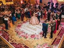 Full vinyl printed dance floor with ornate floral quinceañera design