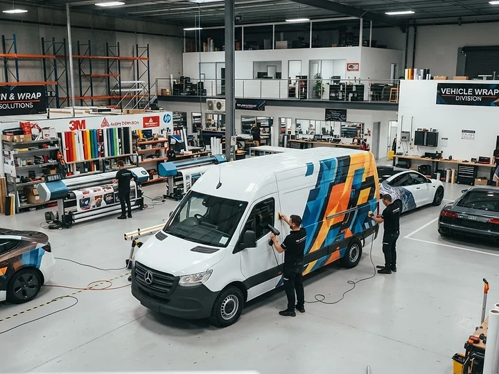 My Print Bar vehicle wrap warehouse with van being wrapped