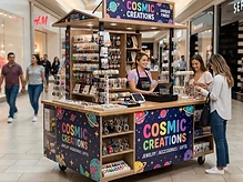 Mobile retail mall cart fully wrapped in vibrant printed vinyl graphics with branded signage and product shelving