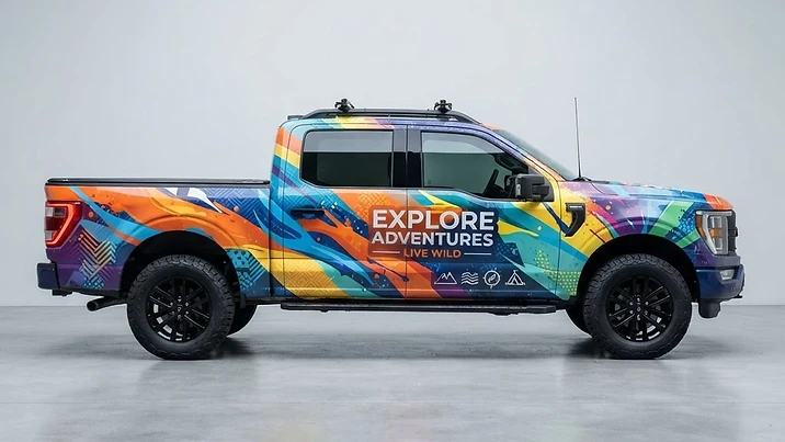 White pickup truck with a full vehicle wrap covering all panels