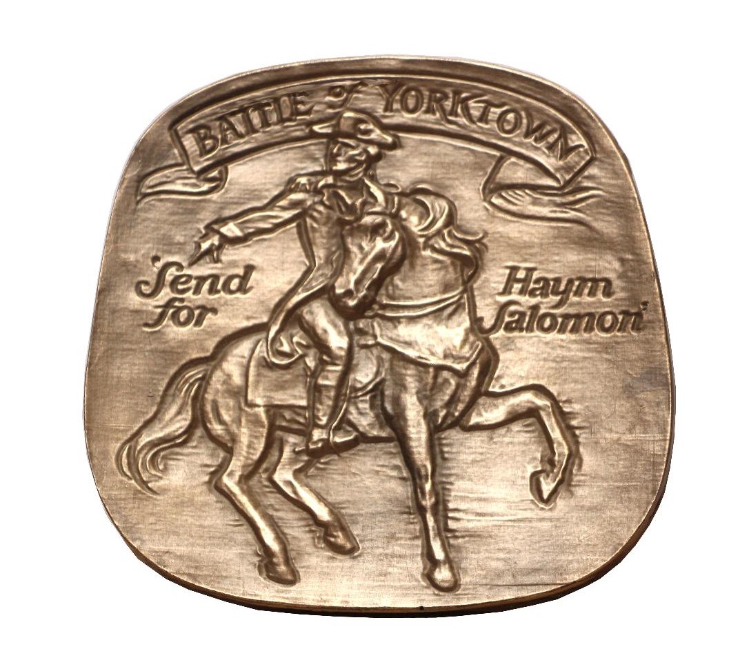 Haym Salomon commemorative medal, reverse: Washington on horseback at the Battle of Yorktown