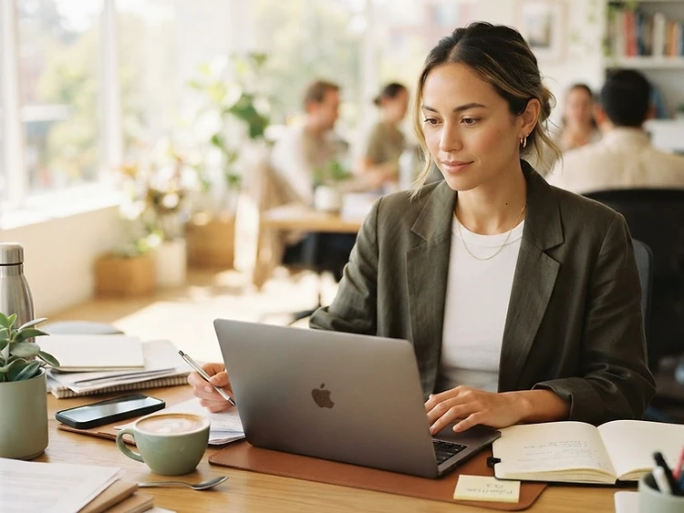 A busy professional calmly at their desk while paperwork stacks around them — the moment moreday.ai lifts the admin burden