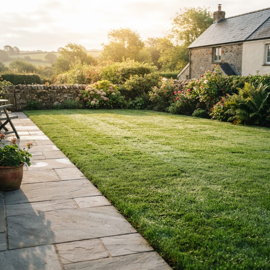 Woman crouching on a patio, touching the edge of a neatly mowed lawn in a garden.