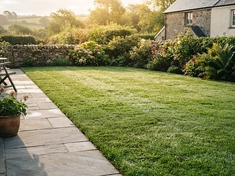 Woman crouching on a patio, touching the edge of a neatly mowed lawn in a garden.