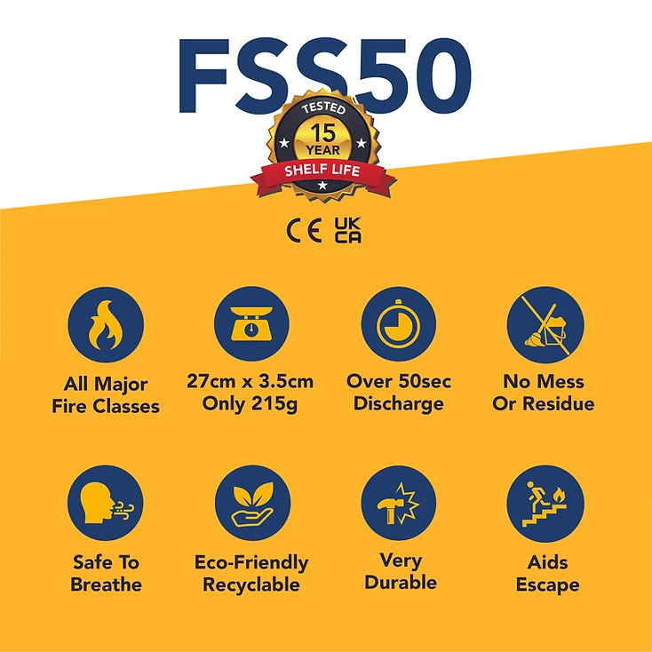 Fire Safety Stick FSS 50 — all major fire classes, 215 g, 50 second discharge, no mess, safe to breathe, eco-friendly, durable, aids escape