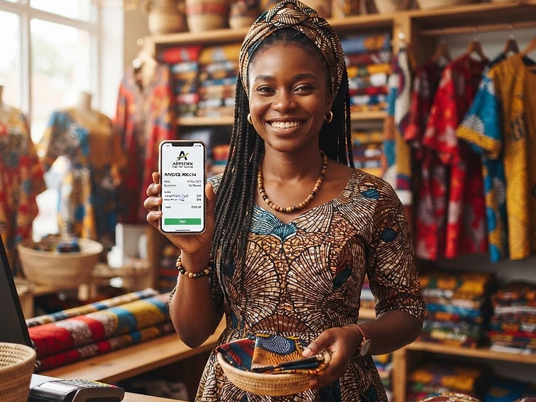 Commerçante partageant une facture professionnelle depuis son smartphone