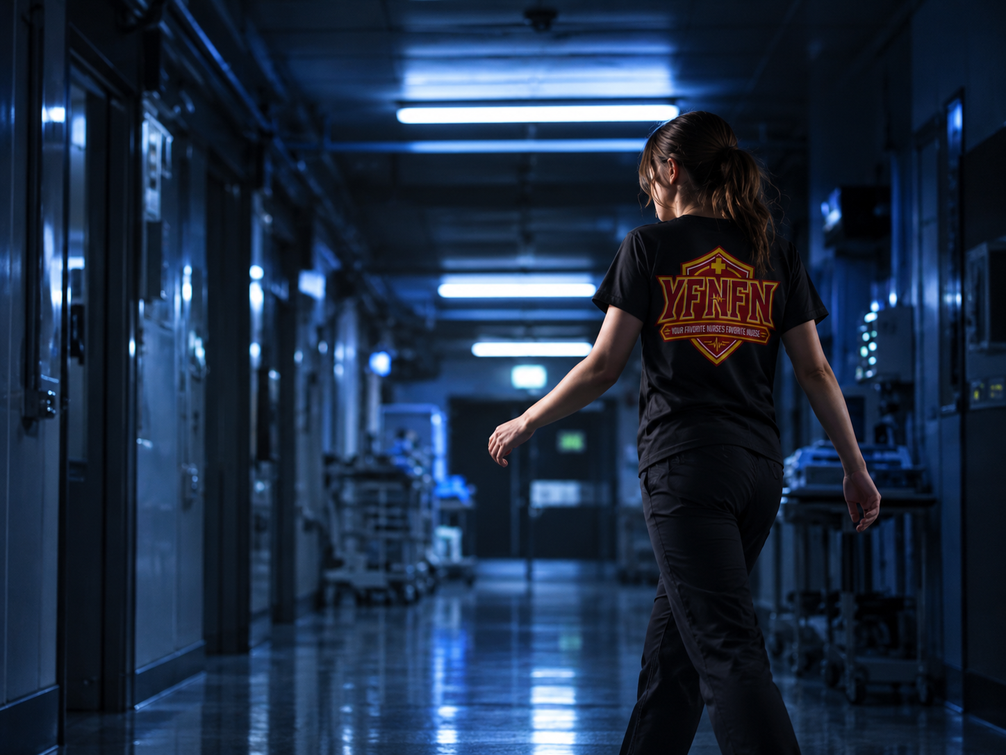 Healthcare hero walking down a hospital corridor