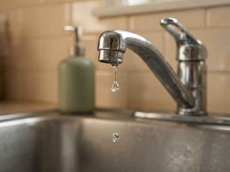 Close-up of a kitchen faucet with a visible water drip falling into the sink