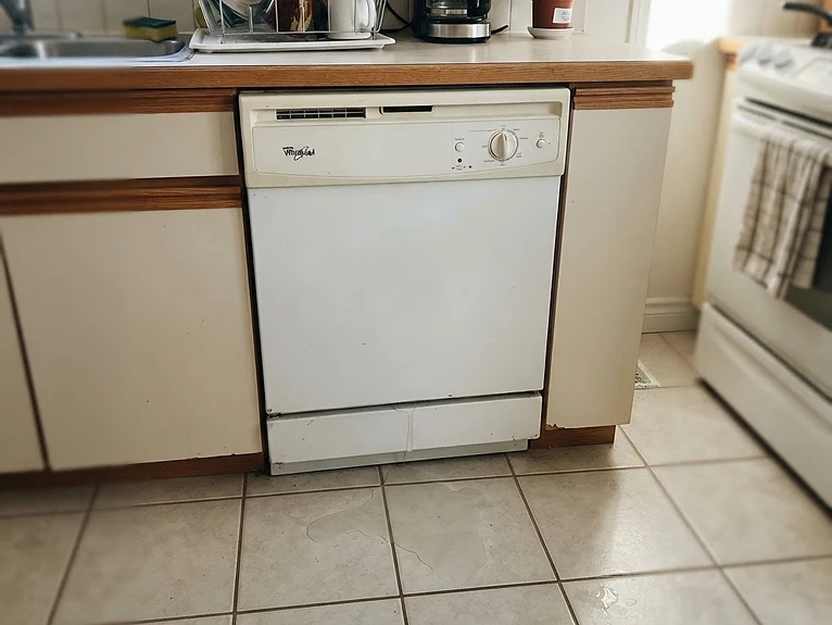 Water leaking from under a dishwasher door onto the kitchen floor