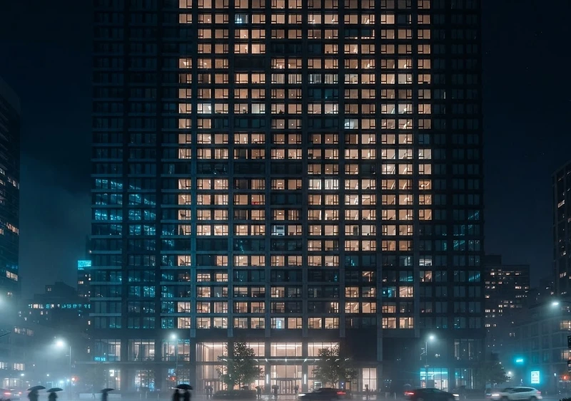 Moderne Gebäudehülle bei Nacht