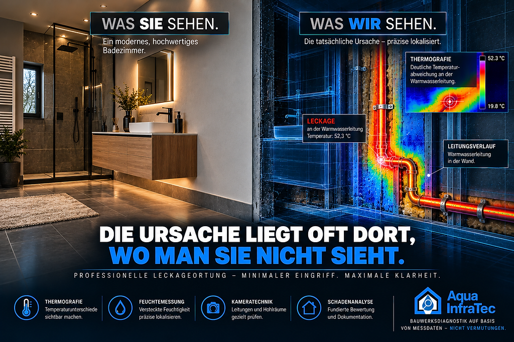 Was Sie sehen – Was wir sehen: Badezimmer im Vergleich mit thermografischer Lokalisierung der Warmwasserleitung