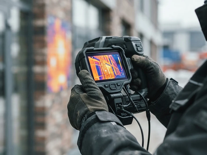 Fachperson mit Thermografiekamera vor einer Gebäudefassade