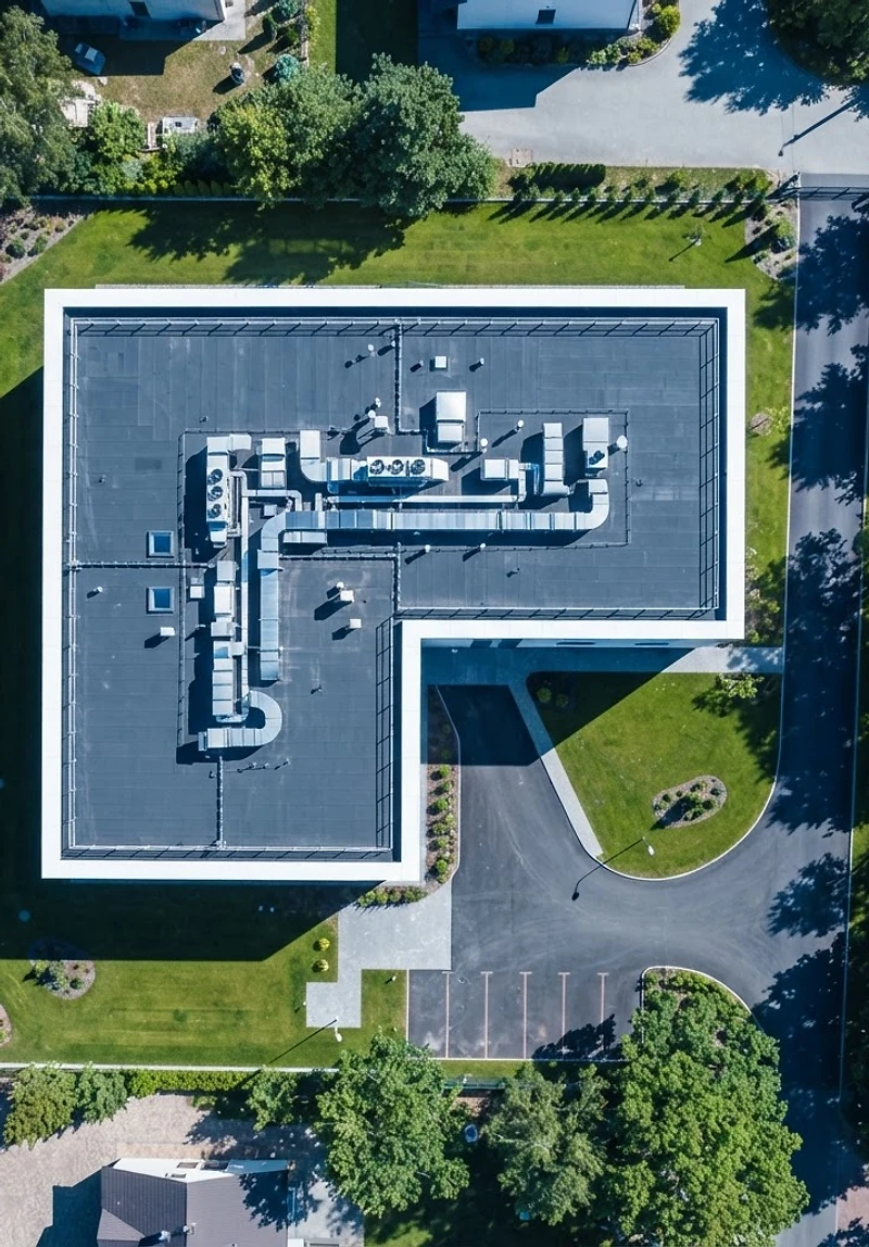 Drohnenaufnahme von oben auf ein modernes Gebäude
